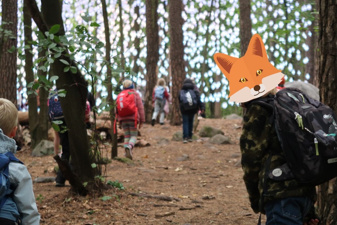 En gruppe mennesker som går gjennom en skog med et gresskar