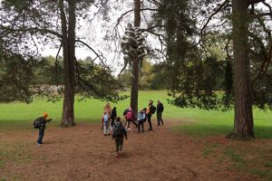 En gruppe mennesker som går på en sti i en park