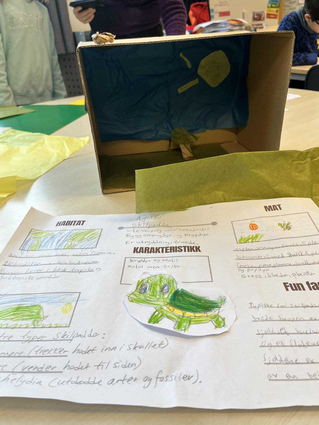 et bord med papir og stol og et bord med papir med grønt og blått