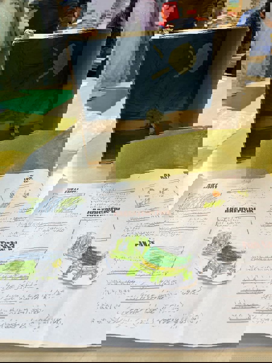 et bord med papir og stol og et bord med papir med grønt og blått